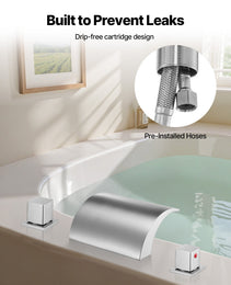 Roman Tub Faucet, 3 Hole Waterfall Bathtub Faucet, Bath Tubs Faucets Set With 2 Handles, Deck Mount Bath Tub Faucets Set For Adult Bathing, Silver, Waterfall Spout Design, Temperature Control