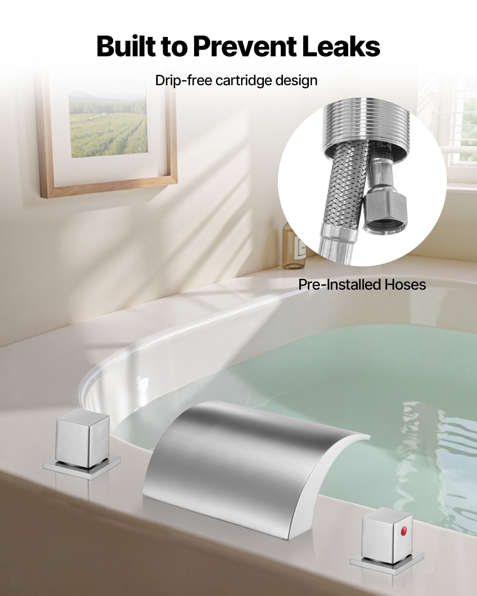 Roman Tub Faucet, 3 Hole Waterfall Bathtub Faucet, Bath Tubs Faucets Set With 2 Handles, Deck Mount Bath Tub Faucets Set For Adult Bathing, Silver, Waterfall Spout Design, Temperature Control
