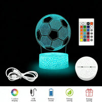 3D Optical Illusion Soccer Plastic LED Night Light Desk Lamp - Remote & Touch Controls, USB Powered, 16 Color Modes, LED Ambient Lighting, Cool Desk Accessories, Teen Gift for Bedrooms, Home Decor Accessory