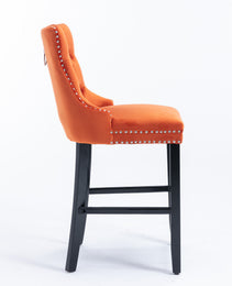 Contemporary Velvet Upholstered Barstools With Button Tufted Decoration And Wooden Legs, And Chrome Nailhead Trim, Leisure Style Bar Chairs,Bar Stools, Set Of 2 Orange,SW2002OG