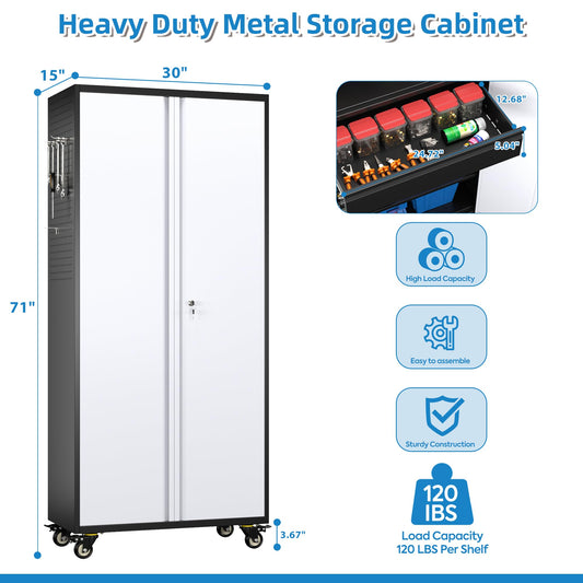 71 Inch High Metal Storage Cabinet On Wheels With 5 Pegboards And 1 Drawer, Lockable Steel Tool Cabinet For Garage, Warehouse, Assembly Required, Black Gray