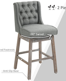 Bar Height Bar Stools Set of 2, 180 Degree Swivel Barstools with Solid Wood Footrests and Button Tufted Design, 30" Seat Height Bar Chairs for Kitchen Island, Gray