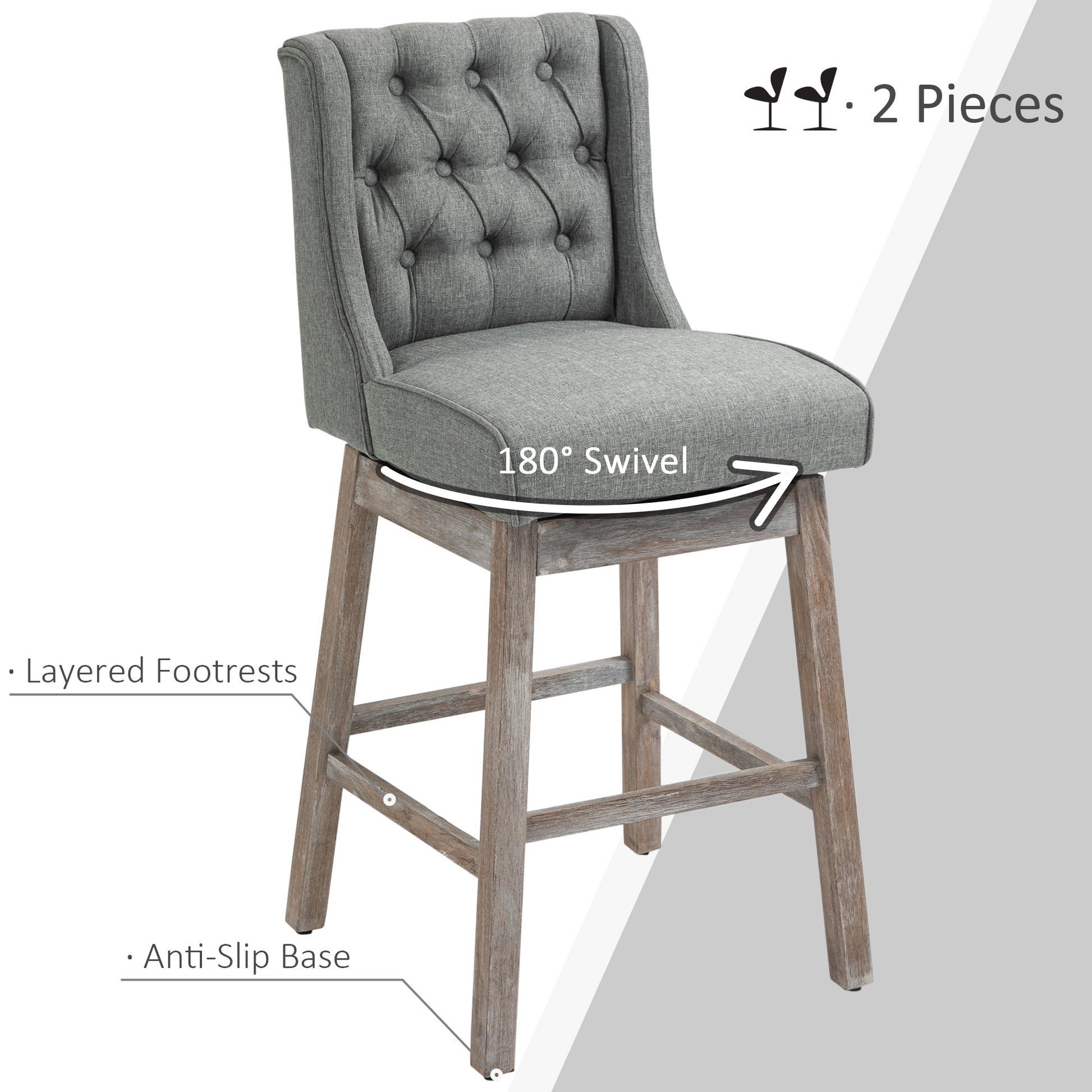 Bar Height Bar Stools Set of 2, 180 Degree Swivel Barstools with Solid Wood Footrests and Button Tufted Design, 30" Seat Height Bar Chairs for Kitchen Island, Gray