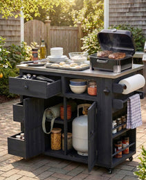 TOPMAx Outdoor Solid Wood Extendable 19.3  28  Kitchen Island  Stainless Steel Top Grill Table With Side Spice Rack  Kitchen Cart With Drawers  Storage Cabinet For Backyard  BBQ Party  Black