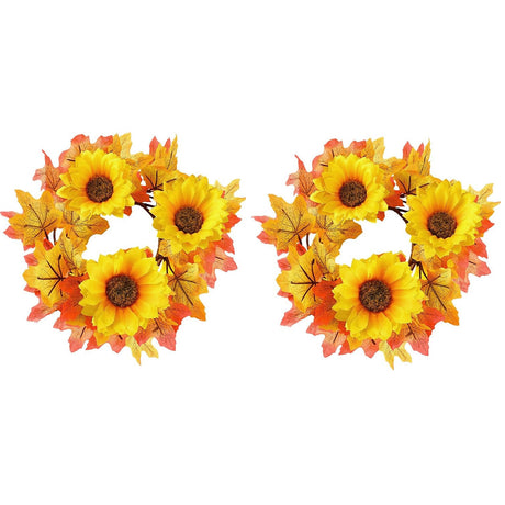 2 Pcs 9.8 Inch Fall Candle Rings Wreaths Candlestick Decorative Rattan Garland Maple Leaf Berries Sunflowers Candle Rings Autumn Wedding Parties Centerpieces - CJDS - FC