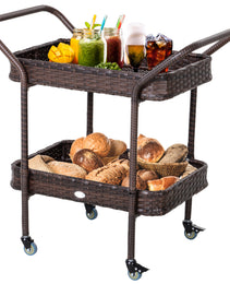 Rattan Wicker Outdoor Kitchen Trolley, Rolling Serving Cart With 2 Tray Shelves, Brown