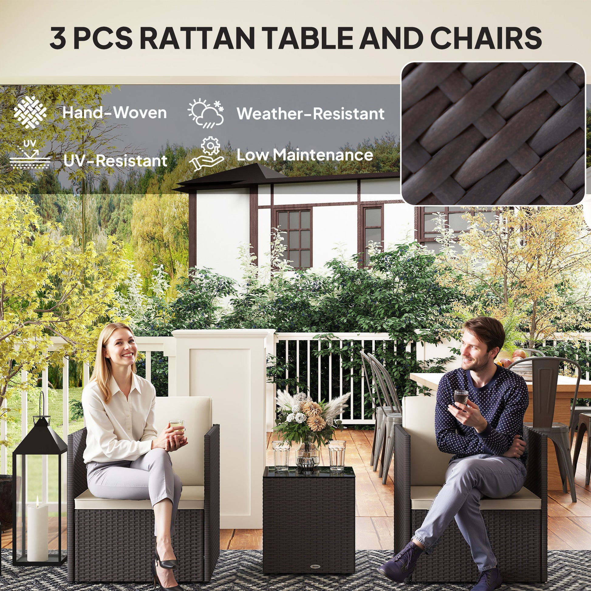 Folding Wicker Bistro Set, 3 Piece Patio Furniture Set with Cushions and Glass Coffee Table for Porch, Balcony, Brown