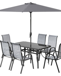 8 Pieces Patio Furniture Set with 9Ft Patio Umbrella, Outdoor Dining Table and Chairs, Mixed Gray