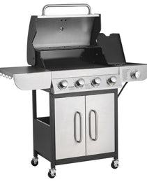 Gas Grill, 4 Burner Propane Gas Grill With Side Burner, 425 SQ.In Grilling Area, Carbon Steel Enamel Grates, Outdoor 52,000 BTU Patio Garden BBQ Grills With Two Side Shelves, Stainless Steel