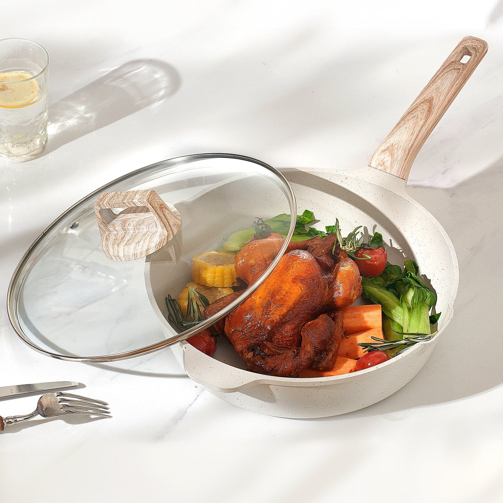 17 Piece Pots And Pans Set Granite Nonstick Kitchen Cookware Induction White