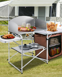 Camping Kitchen Table Picnic Cabinet Folding Cooking Storage Rack Portable Brown