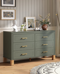 6-Drawer Double Dresser In Olive, Modern Storage Cabinet With Metal Handles & Solid Wood Legs, Dresser Drawer Organizer For Kids Bedroom, Heavy-Duty Wooden Dresser With Pre-Installed