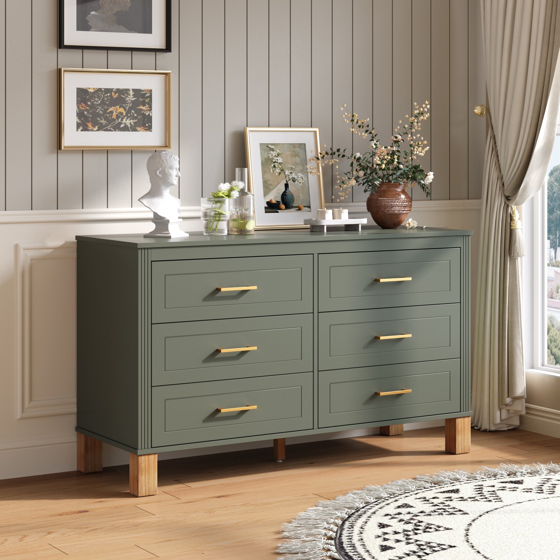 6-Drawer Double Dresser In Olive, Modern Storage Cabinet With Metal Handles & Solid Wood Legs, Dresser Drawer Organizer For Kids Bedroom, Heavy-Duty Wooden Dresser With Pre-Installed