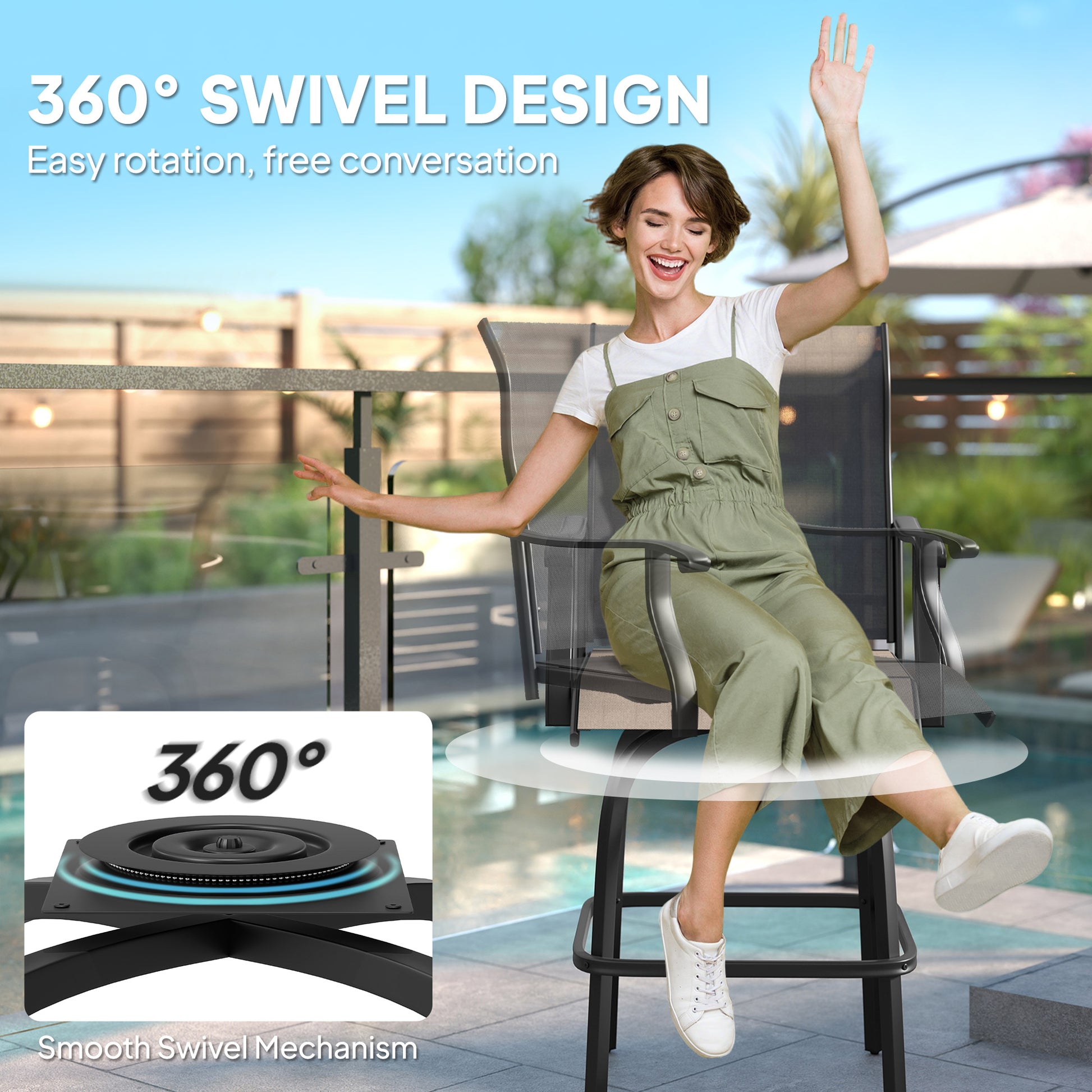 Set of 2 Outdoor Swivel Bar Stools with Armrests, Bar Height Patio Chairs with Steel Frame for Balcony, Poolside, Backyard, Black