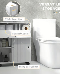 Toilet Paper Cabinet, Slim Bathroom Cabinet with 4 Rolling Wheels, Small Bathroom Storage Cabinet with Paper Holes, Sliding Doors and Adjustable Shelf for Small Space, White