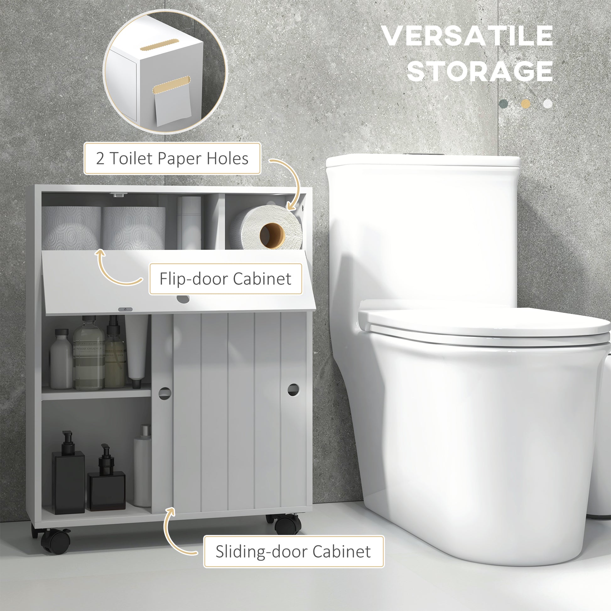 Toilet Paper Cabinet, Slim Bathroom Cabinet with 4 Rolling Wheels, Small Bathroom Storage Cabinet with Paper Holes, Sliding Doors and Adjustable Shelf for Small Space, White