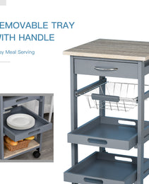 Mobile Kitchen Cart, Rolling Kitchen Island with Storage, Solid Wood Frame Utility Cart with Wire Fruit Baskets, Trays and Drawer, Gray