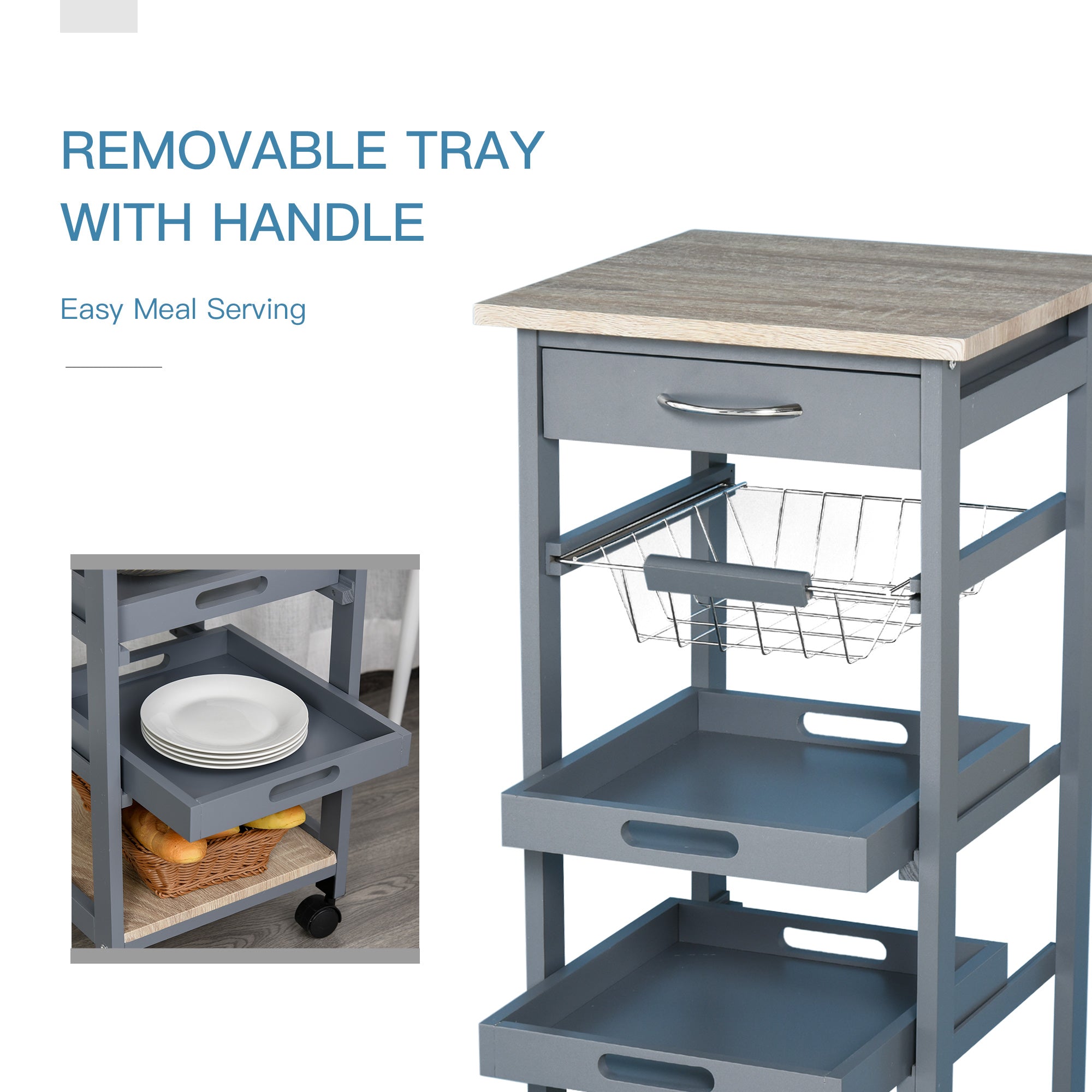 Mobile Kitchen Cart, Rolling Kitchen Island with Storage, Solid Wood Frame Utility Cart with Wire Fruit Baskets, Trays and Drawer, Gray