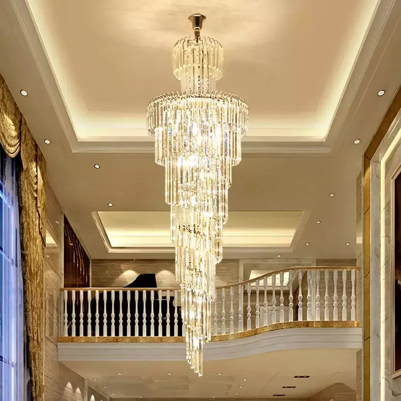 Long Crystal Staircase Gold Chandelier Modern Loft Crystal Lamp Luxury Villa Hotel Hall Living Room Large Chandelier Home Decor