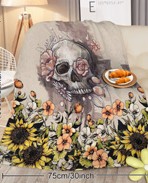 Rustic Skull Sunflower Flannel Fleece Blanket Floral Skull Flannel Soft Plush Throw Blanket Cozy Blankets For Bed Chair Car Sofa Couch Bedroom 75x100cm 130x150cm 150x200cm