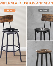 Bar Table Set With 2 Bar Stools PU Soft Seat With Backrest, Rustic Brown