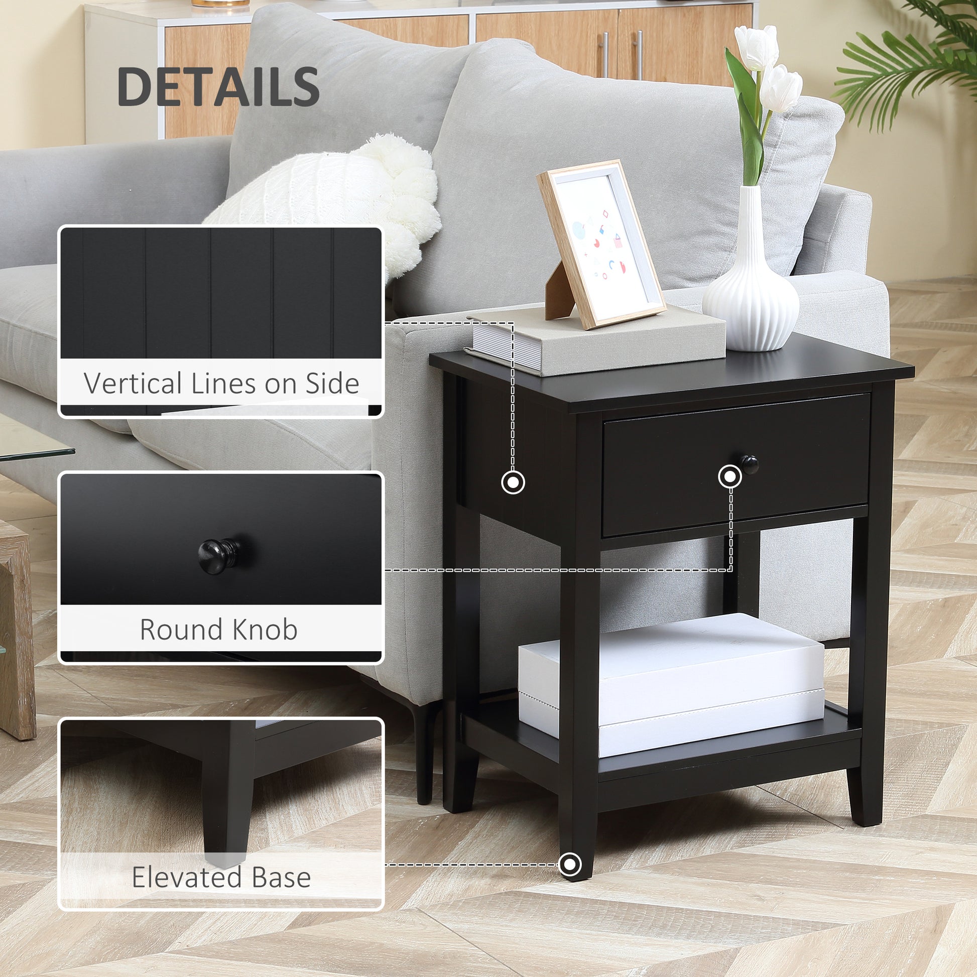 End Table, 2-tier Side Table With Drawer And Storage Shelf, Modern Sofa Side Table For Living Room, Black