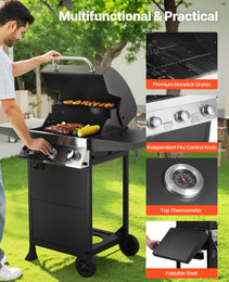 Gas Grill, 3 Burner Propane Gas Grill With Spacious 338 SQ.In Grilling Area, Carbon Steel Enamel Grates, Outdoor 36,000 BTU Patio Garden BBQ Grills With Foldable Side Shelves, Carbon Steel