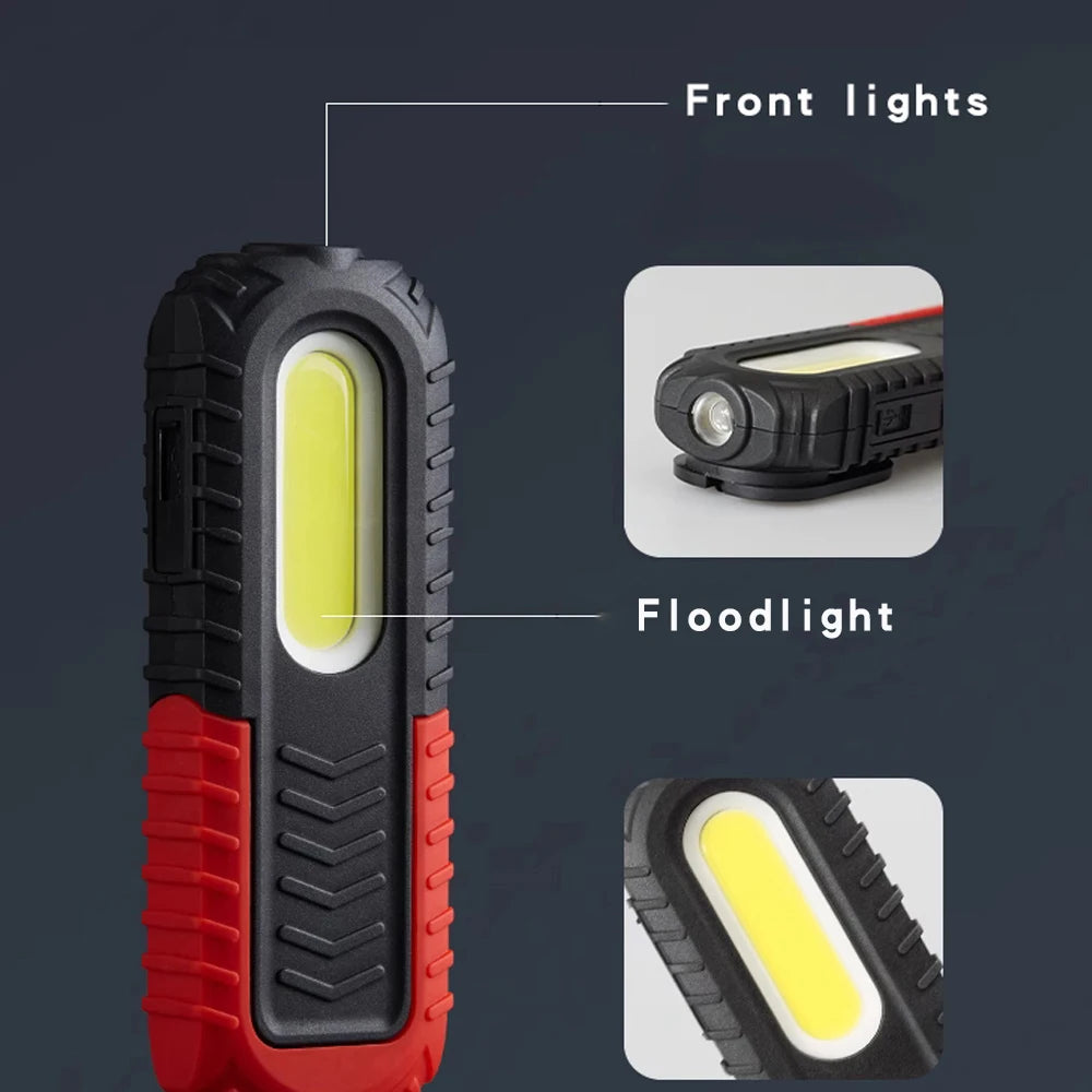 180° Rotatable Magnetic COB Work Light with Front LED, 2000mAh Rechargeable 2 Modes Floodlight & Spotlight for Car Repair Garage