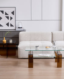 Tempered Glass Coffee Table, Modern Glass Coffee Table For Living Room, 2-Tier Storage Center Coffee Table With Brown Legs