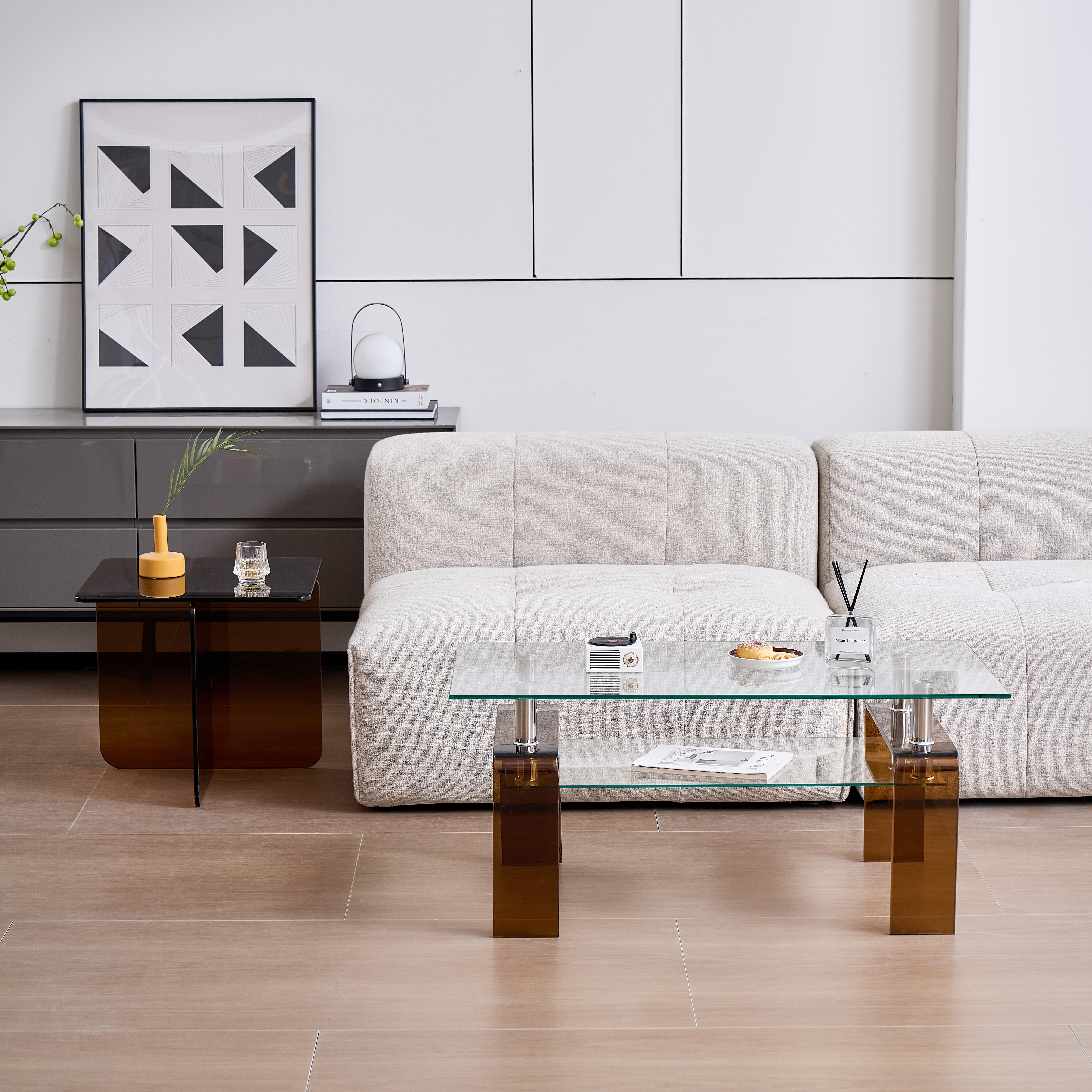 Tempered Glass Coffee Table, Modern Glass Coffee Table For Living Room, 2-Tier Storage Center Coffee Table With Brown Legs