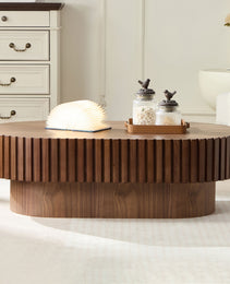 43.70 Inch Modern Handcraft Drum Coffee Table Oval Coffee Table For Living Room,Small Wooden Coffee Table With Sturdy Pedestal For Office,Walnut