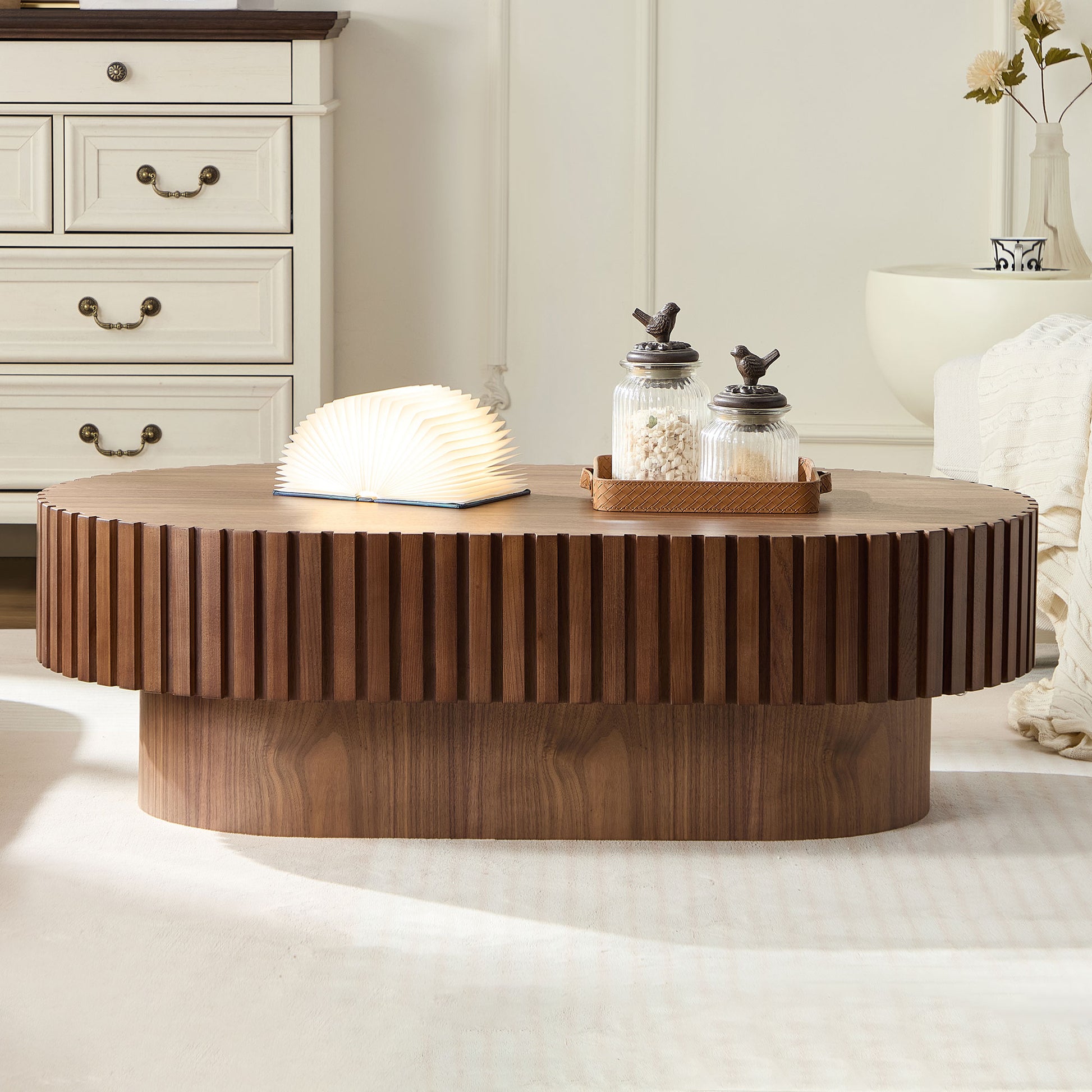 43.70 Inch Modern Handcraft Drum Coffee Table Oval Coffee Table For Living Room,Small Wooden Coffee Table With Sturdy Pedestal For Office,Walnut