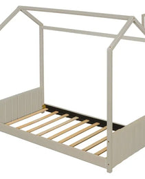 Twin Size Velvet House Bed Wood Bed, Beige