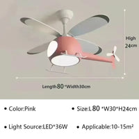Blue Pink Airplane Children's Room Ceiling Fan Lamp Modern Colorful Helicopter Kids Bedroom Chandelier Cartoon Ceiling Light LED