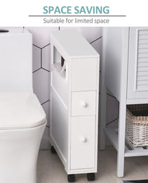 6.25" x 20.5" x 28.25" Wood Rolling Narrow Bathroom Side Storage Cabinet - White