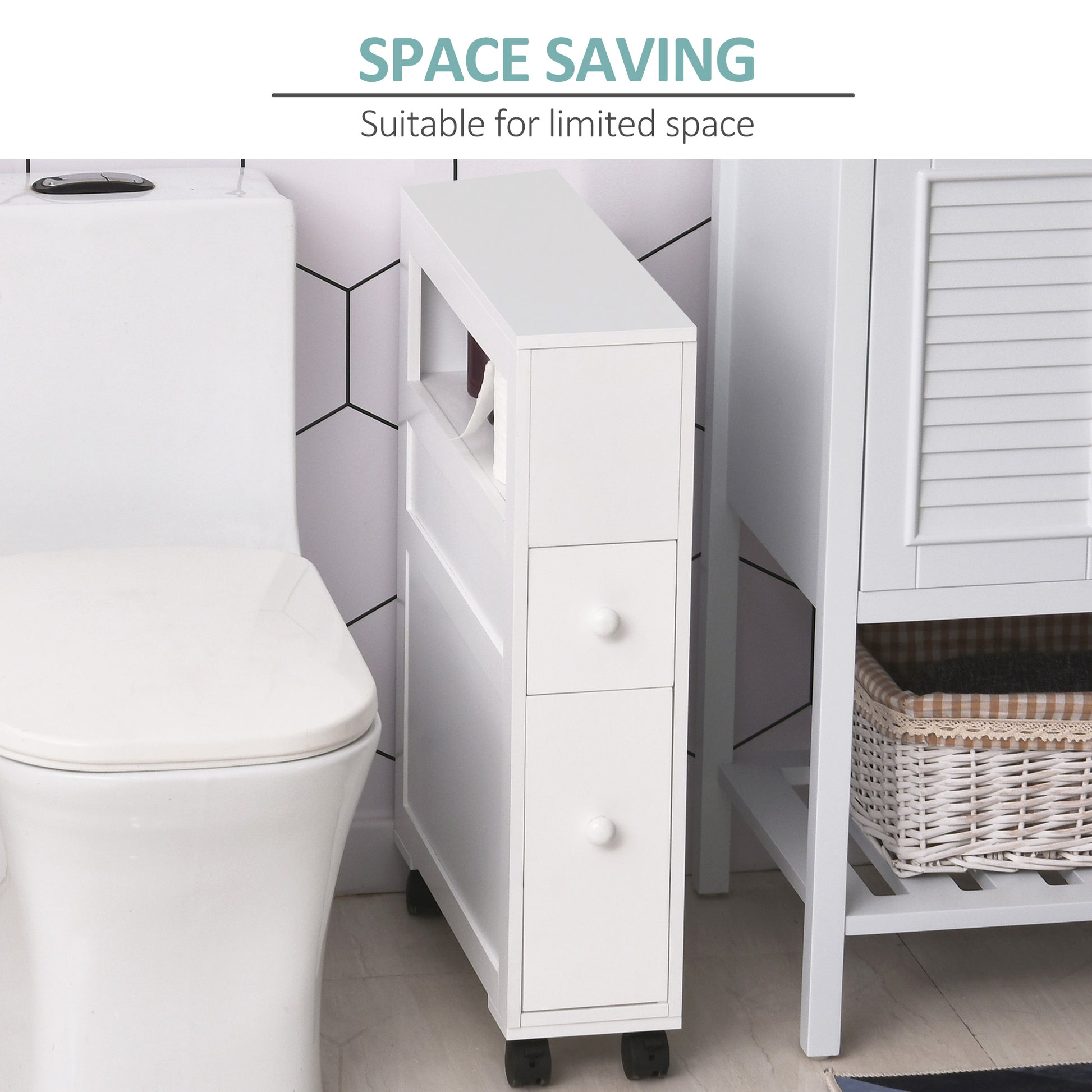 6.25" x 20.5" x 28.25" Wood Rolling Narrow Bathroom Side Storage Cabinet - White