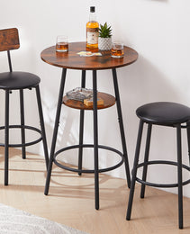 Round Bar Stool Set With Shelf, Upholstered Stool With Backrest, Rustic Brown, 23.62  W X 23.62  D X 35.43  H
