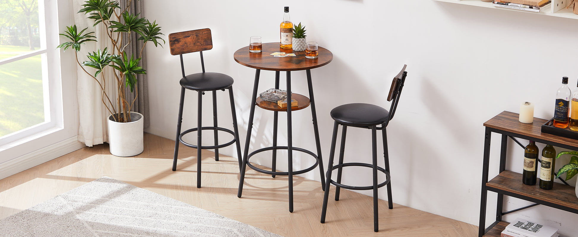 Round Bar Stool Set With Shelf, Upholstered Stool With Backrest, Rustic Brown, 23.62  W X 23.62  D X 35.43  H