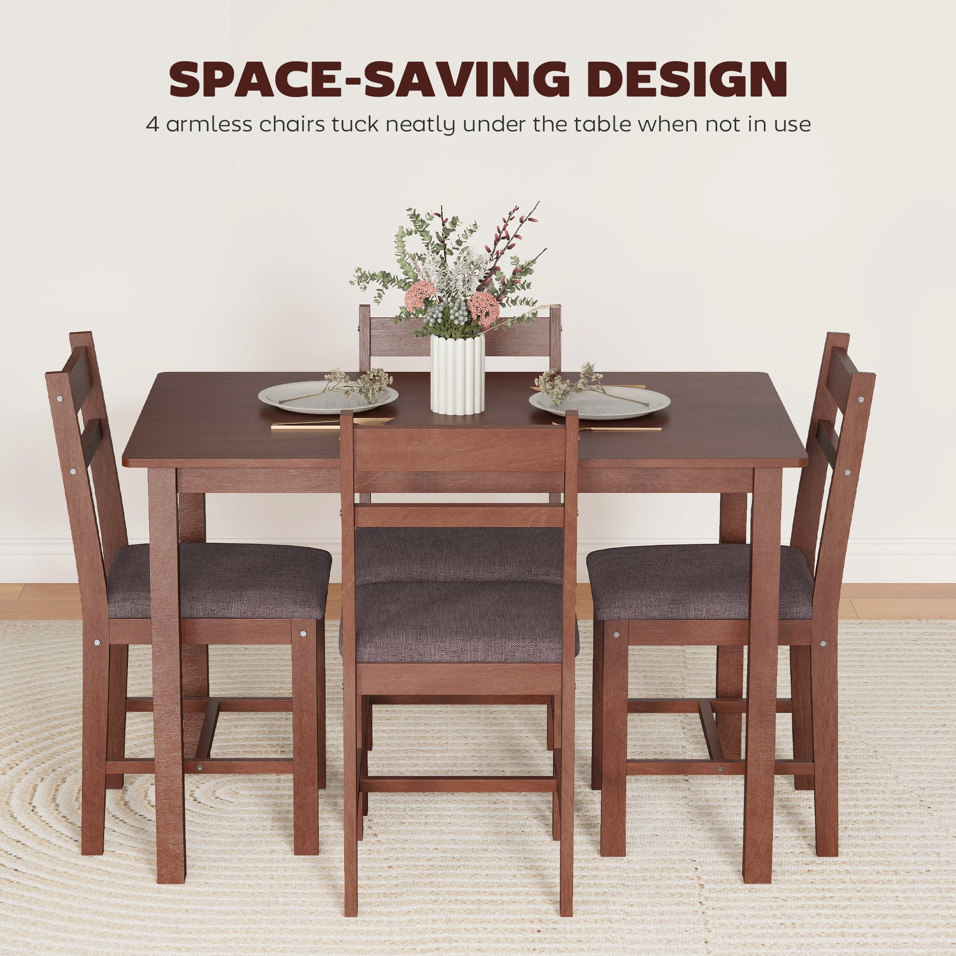 5-Piece Solid Wood Dining Table Set for 4, Farmhouse Kitchen Table with Upholstered Chairs for Dining Room, Light Brown