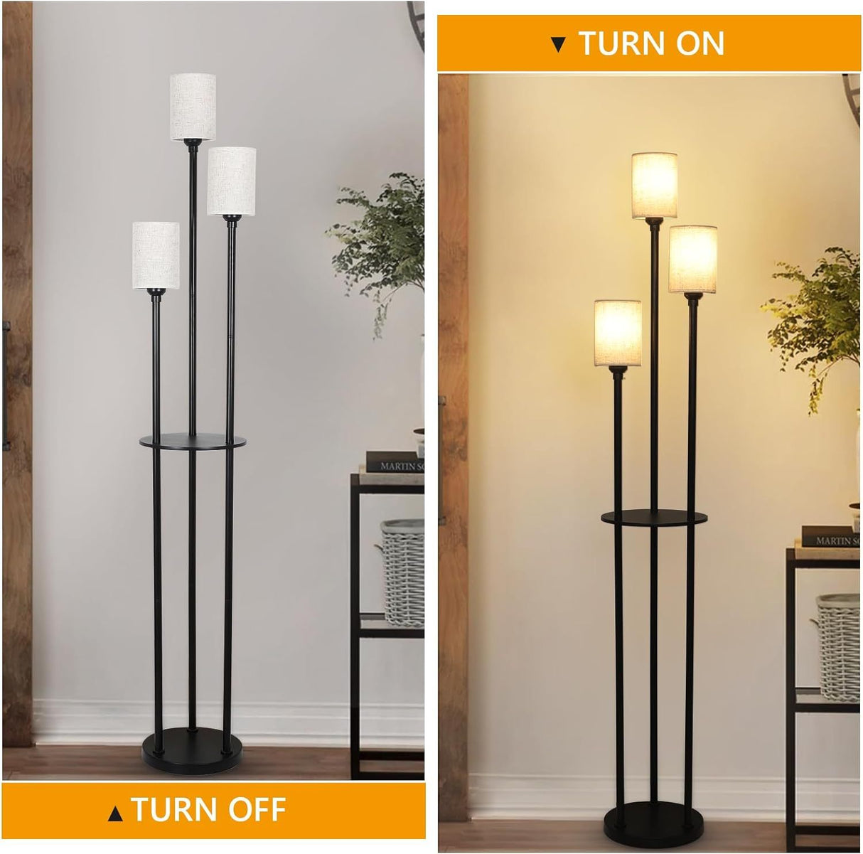 Floor Lamp With Shelf, Floor Lamp For Modern Living Room, 3 Light Standing Lamp With Linen Shade And Foot Switch Unavailable Platforms- CJDS