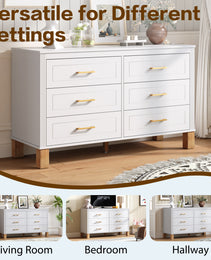 6-Drawer Double Dresser In White, Modern Storage Cabinet With Metal Handles & Solid Wood Legs, Dresser Drawer Organizer For Kids Bedroom, Heavy-Duty Wooden Dresser With Pre-Installed