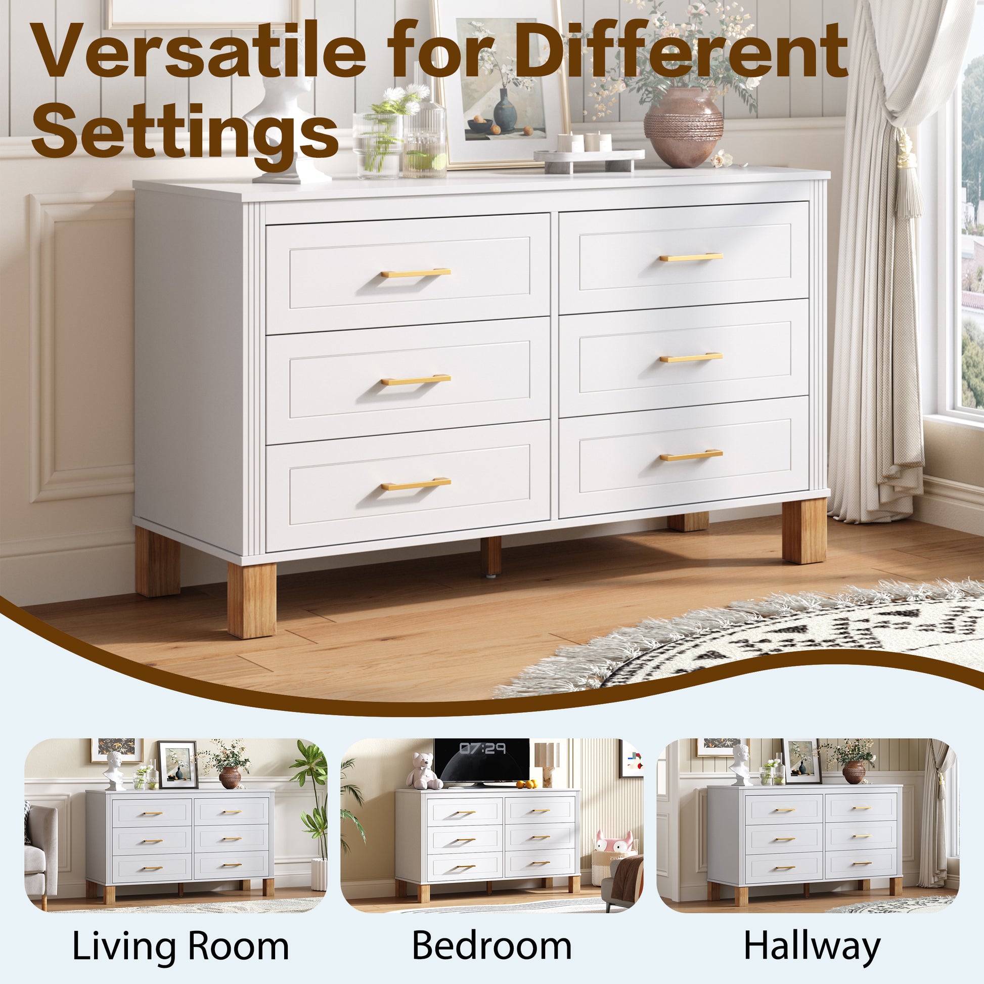 6-Drawer Double Dresser In White, Modern Storage Cabinet With Metal Handles & Solid Wood Legs, Dresser Drawer Organizer For Kids Bedroom, Heavy-Duty Wooden Dresser With Pre-Installed