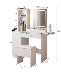 Vanity Desk With Lighted Mirror & Power Outlet, Makeup Vanity Desk With Drawers And Large Storage Cabinet For Bedroom, 3 Lighting Modes Adjustable Brightness, Storage Stool, White - CJDS
