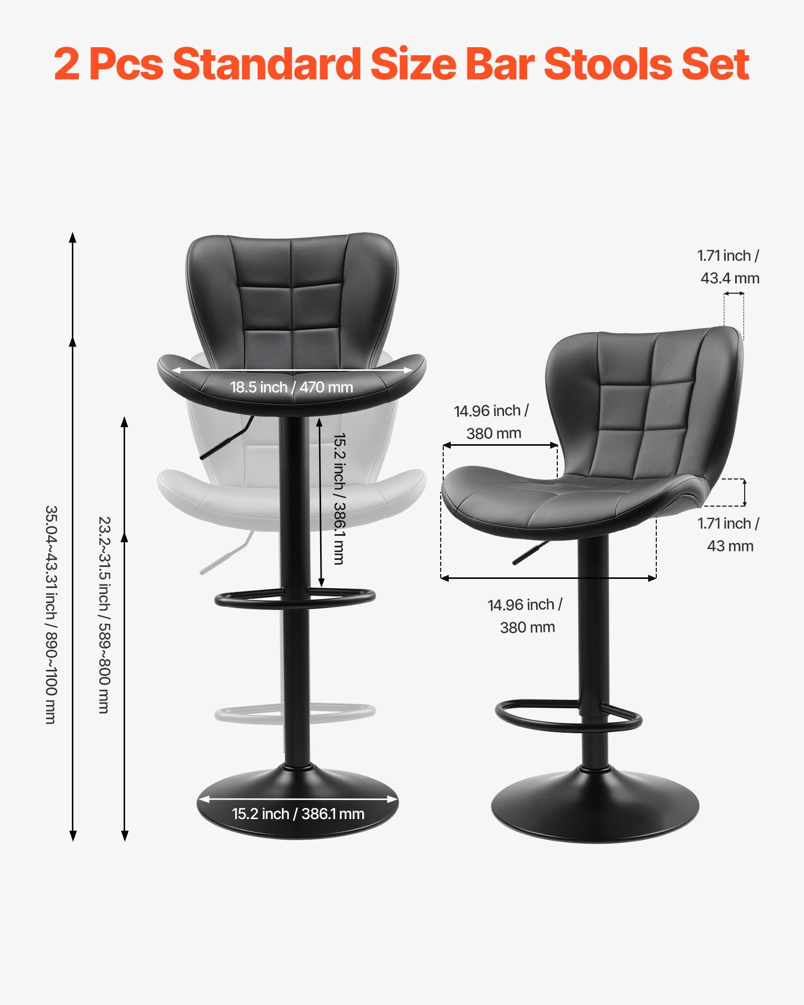 Bar Stool Set Of 2, Modern PU Leather Counter Height Stools, Swivel Kitchen Barstool With Back And Footrest, Height Adjustable Armless Bar Chair, Island Barstools For Kitchen, Dining Room, Black