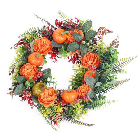 1Pc 17.71IN Autumn Wreath With Pumpkin Mixed Leaves Berries Flowers Fall Decoration For Indoor Outdoor Window Wall Front Door In Halloween Thanks Giving Day - CJDS - FC