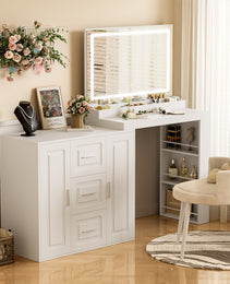 59Makeup Vanity Desk With Mirror, Vanity Mirror With Lights, Dressing Table With 3 Drawers And 2 Cabinets, Vanity Table With Storage Shelves For Bedroom, White - CJDS