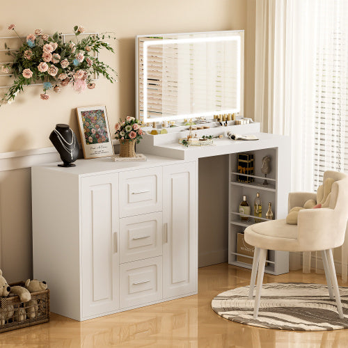 59Makeup Vanity Desk With Mirror, Vanity Mirror With Lights, Dressing Table With 3 Drawers And 2 Cabinets, Vanity Table With Storage Shelves For Bedroom, White - CJDS