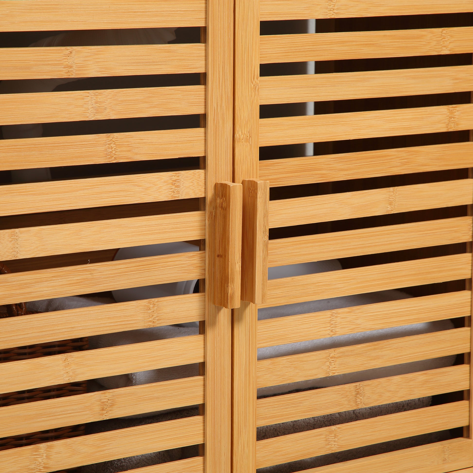 Freestanding Bathroom Sink Cabinet, Bamboo Under Sink Cabinet Cupboard Organizer with 2 Slatted Doors, Natural