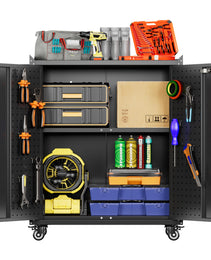 SUXXAN Metal Storage Cabinet With Wheels, Rolling Storage Cabinet With 2 Doors And Adjustable Shelves, Pegboard And 4 Hooks, Suitable For Garage, Home, Office, School, Black