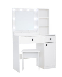 Vanity, Makeup Vanity Desk Set With Mirror  Light, Dressing Table Storage Lots With Power Strip, 3 Lighting Modes With Adjustable Brightness, 37 Inches White With Stool - CJDS